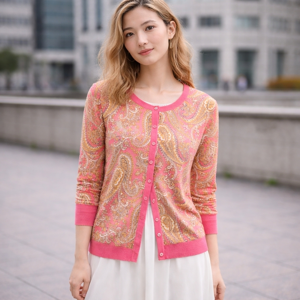 Talbots Paisley Button Cardigan | Pink Boho Classic Knit Sweater Cotton Blend